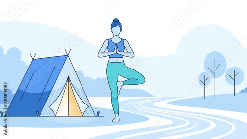 Peaceful Morning Yoga Retreat Near A Cozy Tent In The Winter Landscape