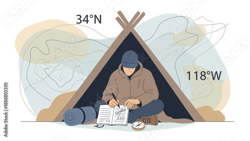 Outdoorsman Planning Wilderness Expedition At Tent With Compass And Map Coordinates