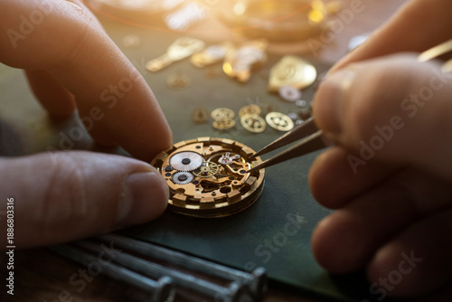 Mechanical watch repair. Watchmaker is repairing the mechanical watches