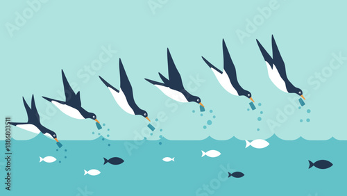 Penguins Diving Into Ocean Depicting Environmental Plastic Pollution Crisis