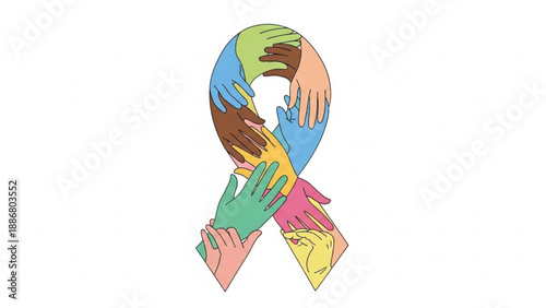 Diverse hands forming a colorful awareness ribbon on white background symbolizing unity and support for a cause