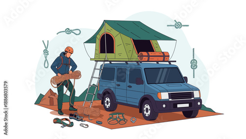Overland Adventure With Roof Top Tent And Rock Climbing Gears For Mountain Explore