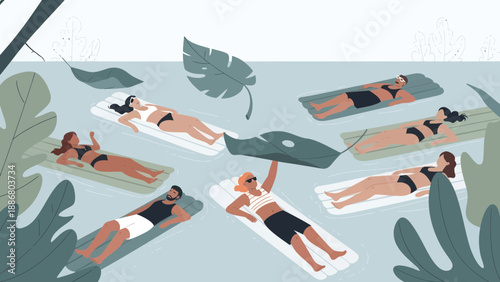 People Relaxing On Inflatable Rafts With Summer Foliage In An Abstract River