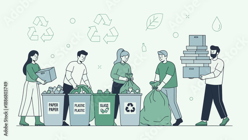People Sorting Waste Into Different Bins For Recycling And Sustainable Lifestyle