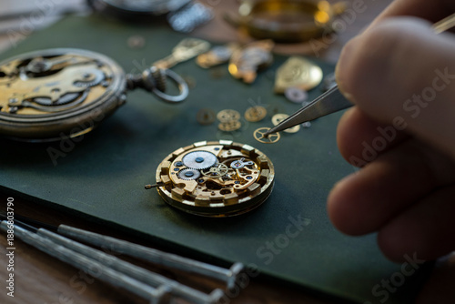 Mechanical watch repair. Watchmaker is repairing the mechanical watches