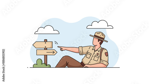 Park Ranger Directing to Trailhead on a Scenic Day Minimalist Cartoon