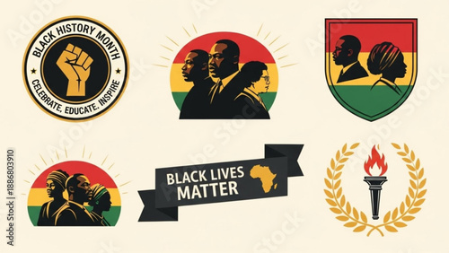 Black history month and black lives matter symbols with african american silhouettes and flags on beige background