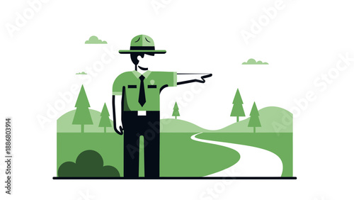 Park Ranger Directing Tourists On Trail Minimalistic Green Landscape Scene