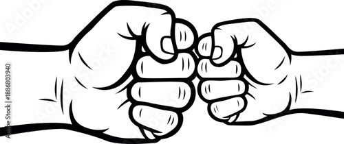 A black and white illustration depicts two hands about to bump fists