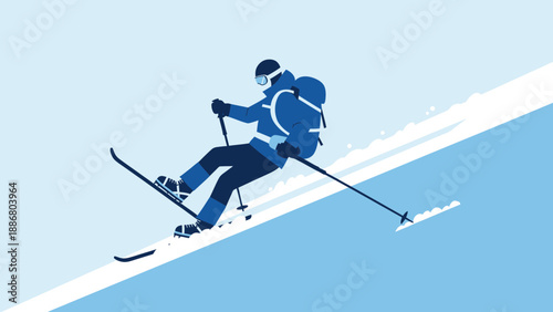 Person Downhill Skiing With Backpack Cartoon Style Illustration Winter Sport Activity