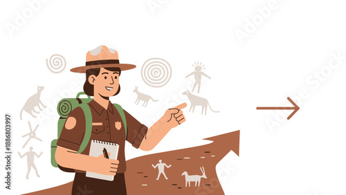 Park Ranger Explaining Prehistoric Pictograms And Ancient Petroglyphs On A Rock Art Trail