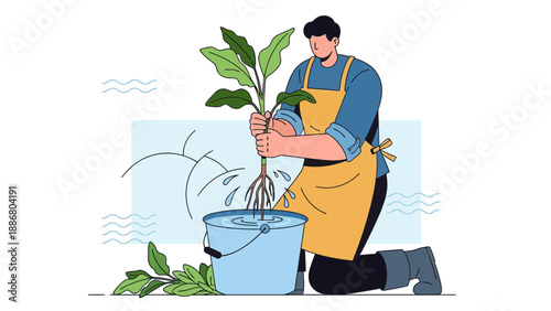 Person Holding Green Plant with Roots Near Bucket Filled with Water