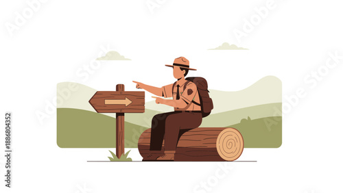 Park Ranger Offers Direction And Guidance Sitting on Log During Hike