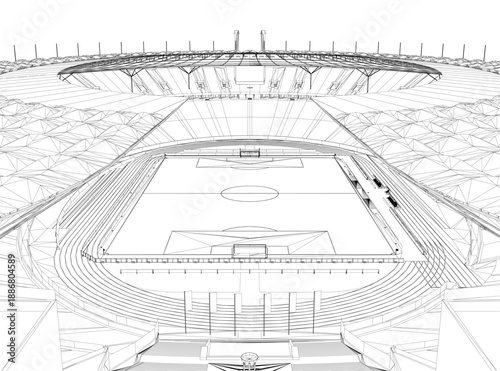 Detailed blueprint of Stadium in black and white wireframe style. The intricate drawing features the stands, floor, and walls surrounded by a large crowd.