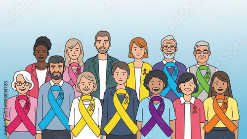 Diverse group of people wearing colorful awareness ribbons standing together in unity and support
