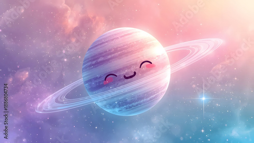 Cute Cartoon Saturn Planet with Happy Face in Colorful Nebula