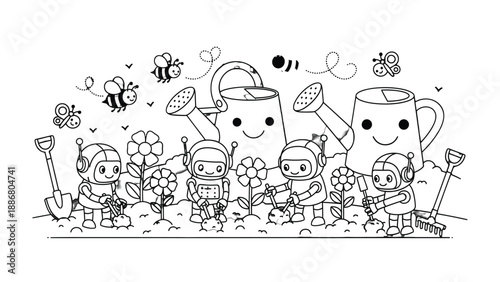 Astronaut Gardeners' Whimsical Planting: Adorable astronaut figures collaborate in a delightful garden scene, tenderly nurturing budding flowers with watering cans and essential gardening tools.