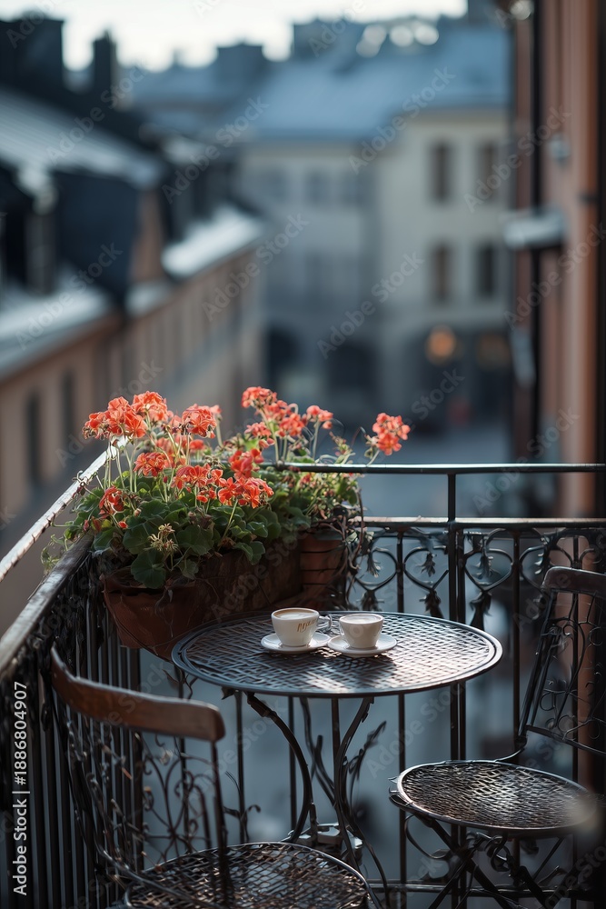 Fototapeta premium A narrow balcony with wrought iron railing holds a tiny round table set for two with coffee cups and potted geraniums. Rooftops stretch in soft blur beyond the rail in spring sunlight.