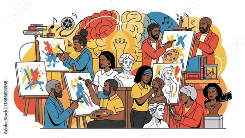 Diverse group of people painting and drawing in a vibrant art studio with colorful artwork