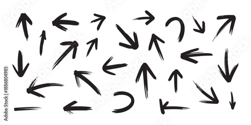 Collection of various black brush stroke arrows isolated on white background indicating different directions