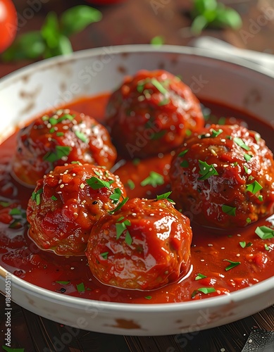 A close-up shot of five juicy meatballs smothered in rich tomato sauce in a white bowl