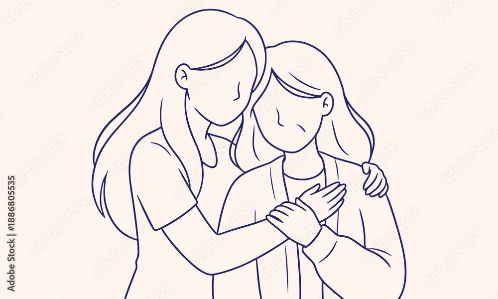 Obraz premium Two women hugging each other with comfort and support on a plain background