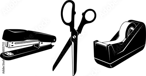 Stationery items including stapler scissors and tape dispenser on transparent background silhouette
