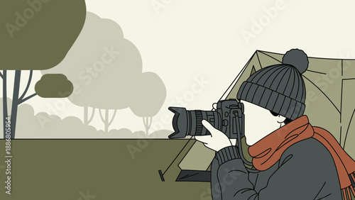 Photographer Capturing Nature Scenery During Camping Trip Near His Tent