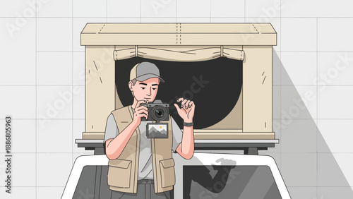 Photographer Capturing Images From Popup Camper Window For Social Media Content