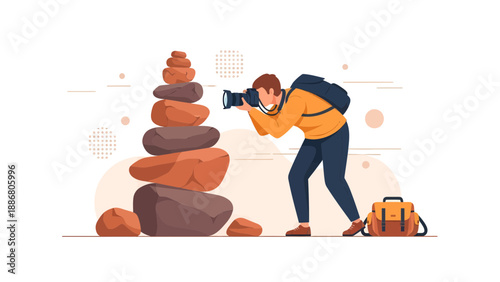 Photographer Capturing Stacked Stones, Exploring Nature Photography With Professional Camera