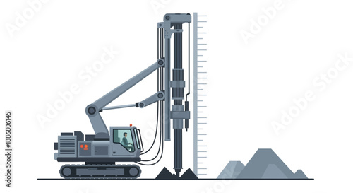 Powerful Construction Drilling Rig Working On A Foundation Site Flat Vector Illustration