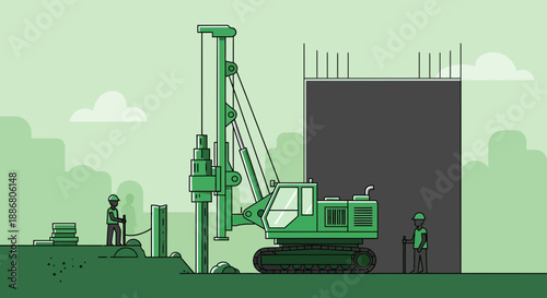 Piling Rig And Construction Team Working On Ground Foundation In Urban Development Area