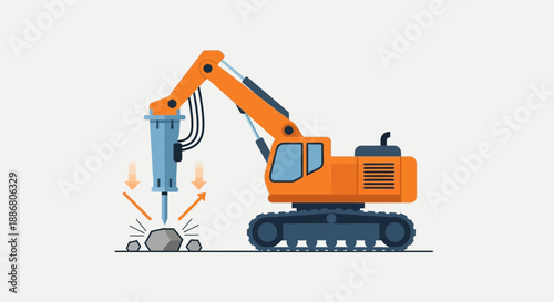 Powerful Construction Excavator With Hydraulic Hammer Breaking Rock Illustration
