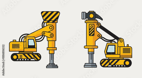 Powerful Construction Excavator With Hydraulic Hammer And Pile Driver Equipment Vector Set