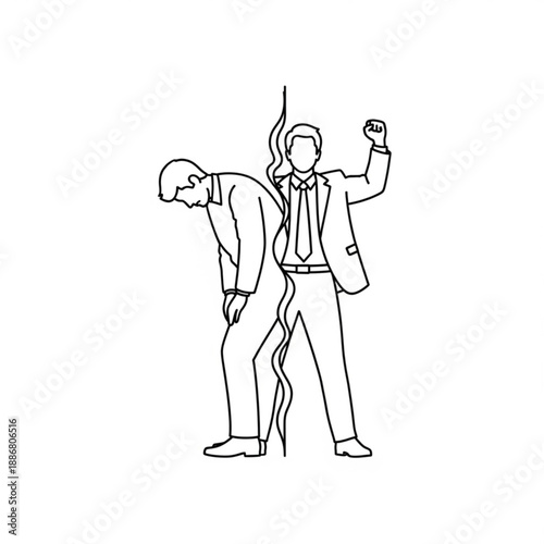 A distressed businessman looking down with a colleague showing a clenched fist in the background standing together in a tense office environment from a straightforward viewpoint