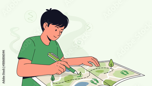 Planning Eco Adventure With Hand Drawn Map And Route With Footprints