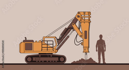 Powerful Construction Site Hydraulic Breaker Machine And Worker Silhouette Digging Earth