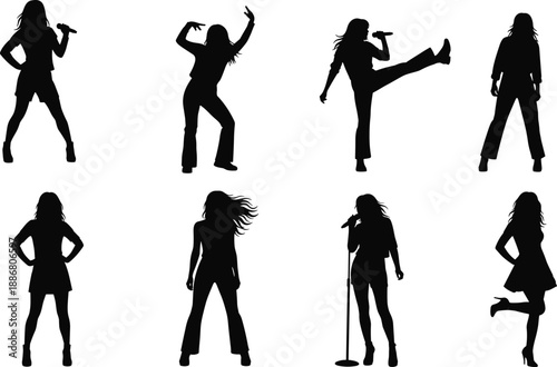Female singer silhouettes set showing women performing, dancing, singing with microphone, music concert poses, energetic stage performance isolated on white background