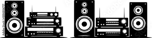 Two stereo systems depicted in a clean graphic black silhouette
