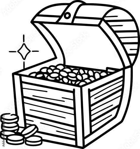 Open wooden chest filled with gold coins and shining treasure inside