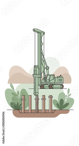 Powerful Drilling Rig Installs Concrete Foundation Piles On An Active Construction Site