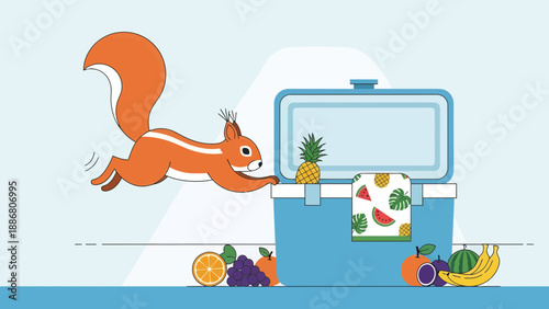 Playful Squirrel Leaping Towards Cooler Filled With Delicious Tropical Fruit
