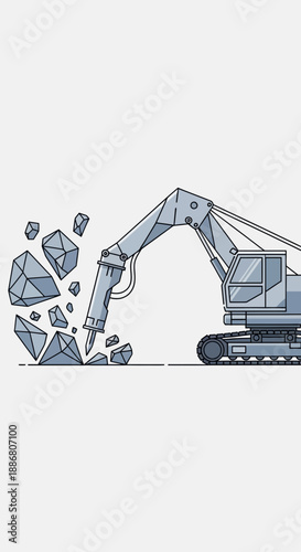 Powerful Excavator Demolishing Rock Formations With Its Robust Hammer Arm