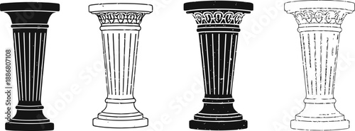 Classical columns set with ornate capitals and fluted shafts in black and white silhouette styles