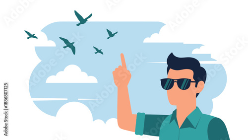 Pointing To Freedom Person Gazing Birds Flying In The Sky Under Sunlight