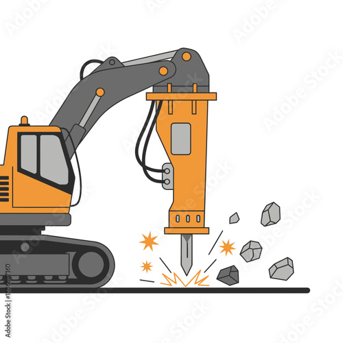Powerful Excavator Demolishing Rocks With A Hydraulic Jackhammer Illustration