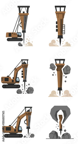Powerful Excavator Hydraulic Hammers Breaking Ground And Rocks Construction Demolition Site