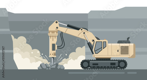 Powerful Excavator Hydraulic Breaker Crushing Rocks In A Dynamic Construction Site Environment