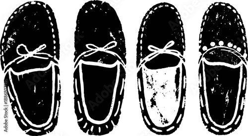 Monochrome illustration of four casual slip on shoes with various textures and stitching