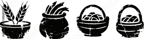 Black silhouettes of bread baskets and grain containers with rustic texture